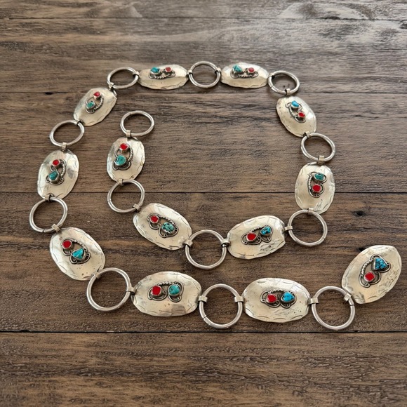 Unbranded Accessories - Vintage Sterling Silver Turquoise Coral Concho Link Belt 42" Western Native